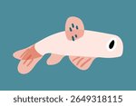 Cartoon Pink Fish Illustration. Cartoon flat illustration of a pink fish with big eye and simple fins. Pastel palette, side view, centered on blue background.