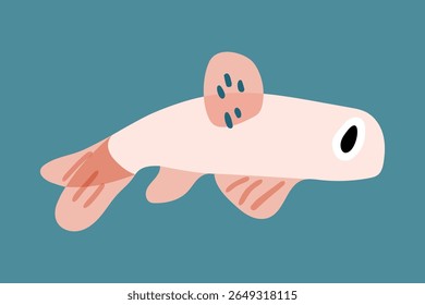 Cartoon Pink Fish Illustration. Cartoon flat illustration of a pink fish with big eye and simple fins. Pastel palette, side view, centered on blue background.