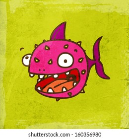 Cartoon Pink Fish.Cute Hand Drawn Vector illustration, Vintage Paper Texture Background