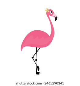 Cartoon pink flamingo bird.  Summer animal cute zoo character isolated on white background. Exotic fauna vector illustration. 