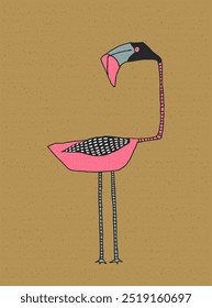 Cartoon pink flamingo. Graphic illustration, card.