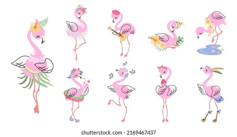 Cartoon pink flamingo. Isolated flamingos birdie, summer clipart with exotic tropical birds. Cute zoo animal print, funny nowaday vector wild characters