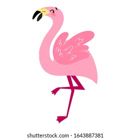Cartoon pink flamingo isolated on white background. Tropical bird Summer vector illustration with a funny character for children's books, print, fabric, poster, postcard.