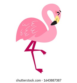 Cartoon pink flamingo isolated on white background. Tropical bird Summer vector illustration with a funny character for children's books, print, fabric, poster, postcard.