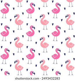 Cartoon pink flamingo seamless pattern. Birds and hearts on white background. Cute tropical summer design. Vector illustration.