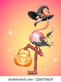 Cartoon pink flamingo in shiny witch Halloween costume with funny socks and pumpkin with scared face