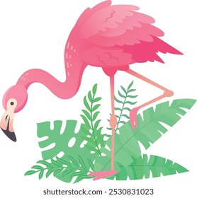 Cartoon pink flamingo standing on one leg with tropical leaves in the background, perfect for designs with a summer or tropical theme