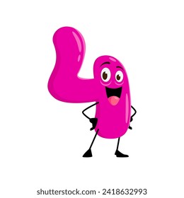 Cartoon pink four math number character, funny mathematics education, kids maths. Happy smiling four number vector personage with hands on hips. Cute arithmetic symbol emoticon, confident maths emoji