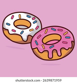 Cartoon Pink Frosted Donut with Sprinkles on Pink Background