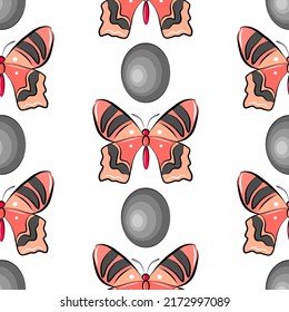 Cartoon pink and gray butterfly colorful seamless pattern isolated on white background. Nursery vector fabric print template. Beautiful insect wings wallpaper. 