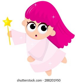 Cartoon pink hair flying angel girl vector illustration.