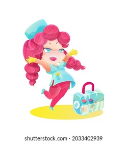 Cartoon pink hair nurse with medicine vaccine box. Nurse jumping for joy. Drawing in the style of manga and anime in bright colors