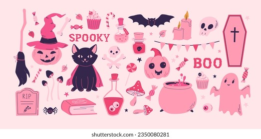 Juego de vectores de Halloween rosa de dibujos animados. Calabaza, espíritu, gato, murciélago, tumba, decoración de caramelos. Barbiecore, estilo pinkcore. 