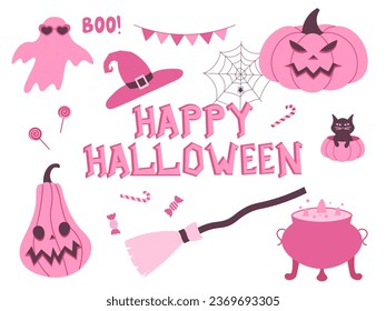 Juego de vectores de Halloween rosa de dibujos animados. Ilustración vectorial de Barbiecore