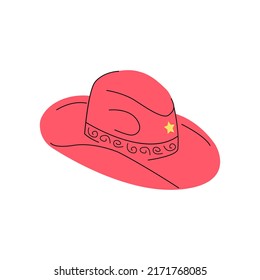 Cartoon сowgirl pink hat with sheriff star. Wild West fashion style. Cowboy western theme, wild west concept. Horse Ranch party hat. Hand drawn colored flat vector illustration.
