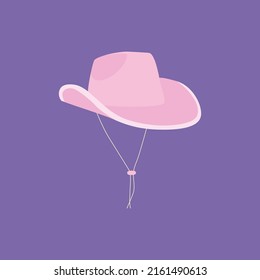 Cartoon сowgirl pink hat with with strings. Party hat. Wild West fashion style. Cowboy western theme, wild west concept. Horse Ranch. Hand drawn colored flat vector illustration. 