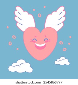 Cartoon pink heart with wings smiles and flies in the sky.Vector image of a happy heart on a blue background with clouds. Romantic Valentine's Day illustration expressing the feeling of love
