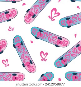 Cartoon pink Hearts patter on skateboard. Groovy style. Valentine's Day seamless pattern. Skateboard with hearts cover ornament. Romantic wrapping paper. 14th February print