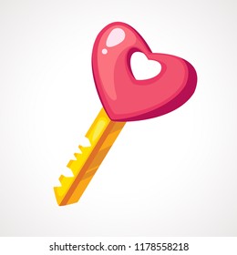 Cartoon pink heart-shaped key. Vector illustration