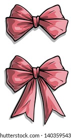 Cartoon pink holiday present bow knot with ribbon and stripe. Isolated on white background. Vector icon set.
