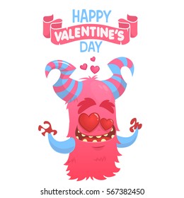 Cartoon pink  horned monster in love. Saint Valentine monster. Vector illustration of loving monster and hearts. Invitation card for party