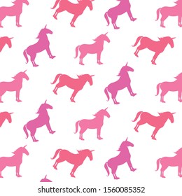 Cartoon pink horses cute pattern on white background illustration. Fun flat design. Trendy fabric and wrapping paper design. Equestrianism, horse riding. Vector Eps. 8