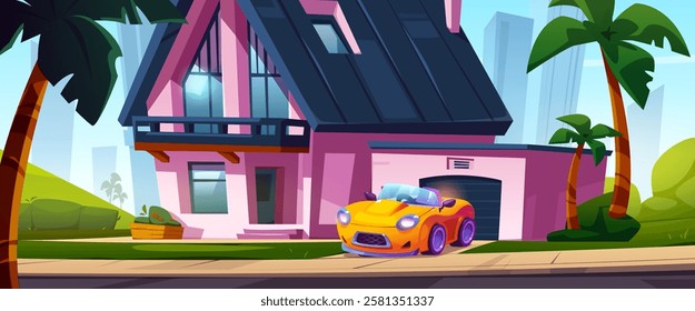 Cartoon pink house with garage and bright yellow sports car on driveway surrounded by palm trees. Modern residential building exterior with dark roof, tropical landscaping and urban skyline background