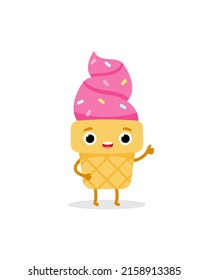 Cartoon pink ice cream shows like emoji character. Sweet food. Cute vector illustration