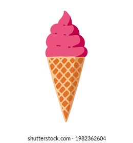 Cartoon pink ice cream in a waffle cone. Delicious ice sweets. Isolated icon for the summer menu. Minimal elegant illustrations