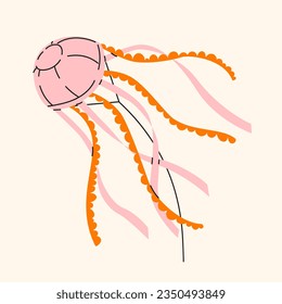 Cometa de medusas rosadas en el cielo. Ilustración de trendy y colorida vector Hand Drawn. Juguete volador de viento con cinta y cola para los niños. Makar Sankranti. 