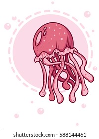 cartoon pink jellyfish on the pink background of the circle. card with pink jellyfish