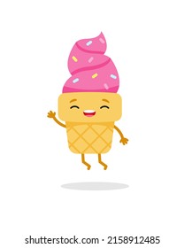 Cartoon pink jump ice cream emoji character. Sweet food. Cute vector illustration