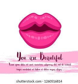 Cartoon pink kiss banner or hand lettering on white background. Love concept invitation for decoration design. Kiss banner, lettering kiss, love, romance. Romantic background. Vector illustration.