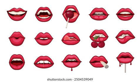 El conjunto de Vector de labios rosados de dibujos animados. Expresión múltiple