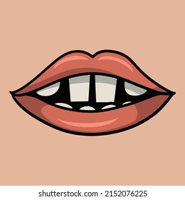 Llabios rosados de dibujos animados con grandes dientes cuadrados blancos, ilustración vectorial sobre fondo beige