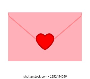 Cartoon pink love letter. Envelope with red heart seal. St Valentine day themed vector illustration for icon, stamp, label, badge, certificate, gift card, poster or banner decoration