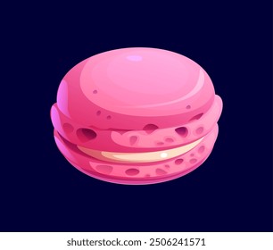 Cartoon pink macaron confectionery and sweet pastry. Vector dessert, confection with a smooth, glossy surface, creamy filling, slightly porous texture and vibrant color. Homemade bakery food, treat