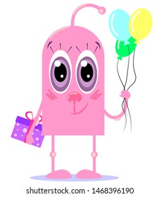 Cartoon pink monster with balloons . Vector Halloween happy monster for postcard, sticker and kids books.