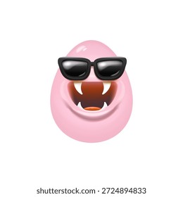 Cartoon pink monster easter egg with black sunglasses cartoon characters isolated on white background. Pink color egg vector concept illustration. funky sweet easter character with teeth and mouth