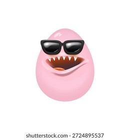 Huevo de Pascua de monstruo rosa de dibujos animados con gafas de sol negras personajes de dibujos animados aislados sobre fondo blanco. Ilustración de concepto de Vector de huevo de color rosa. personaje de Pascua dulce funky con dientes y boca