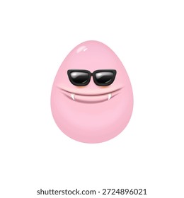 Huevo de Pascua de monstruo rosa de dibujos animados con gafas de sol negras personajes de dibujos animados aislados sobre fondo blanco. Ilustración de concepto de Vector de huevo de color rosa. personaje de Pascua dulce funky con dientes y boca