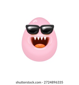 Huevo de Pascua de monstruo rosa de dibujos animados con gafas de sol negras personajes de dibujos animados aislados sobre fondo blanco. Ilustración de concepto de Vector de huevo de color rosa. personaje de Pascua dulce funky con dientes y boca
