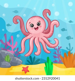 Pulpo rosa de caricatura sobre fondo colorido. Vida submarina del océano. Ilustración de color. Vector