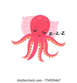 Cartoon pink octopus sleeping on soft pillow. Adorable cartoon character of mollusk with six tentacles. Flat vector design for emoji sticker, greeting card or print