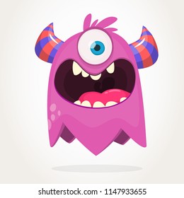 Cartoon  pink one eyed monster. Halloween vector illustration of excited monster. Big set of cartoon monsters