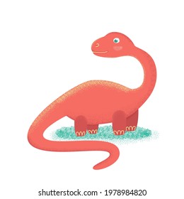 cartoon pink orange dinosaur. adorable small brontosaurus smiles and looks behind. cartoon style and grunge texture in design elements for kids fashion. simple sign dino on white background