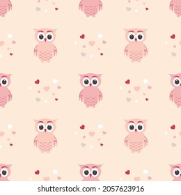 Cartoon pink owls and hearts seamless pattern. Children's background with flat vector owls. Design for scrapbooking, clothing, poster.