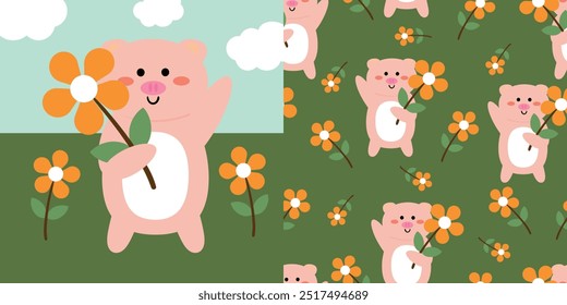 Tarjeta y patrón de cerdo rosa de dibujos animados con flores. dibujos animados y Fondos de pantalla lindos para impresiones de tela, papel de regalo