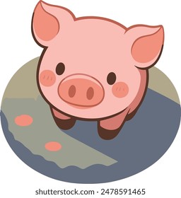 A cartoon pink pig standing on a dirt rug