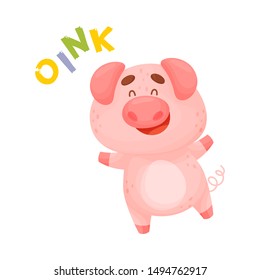 Cartoon pink pig. Vector illustration on a white background.